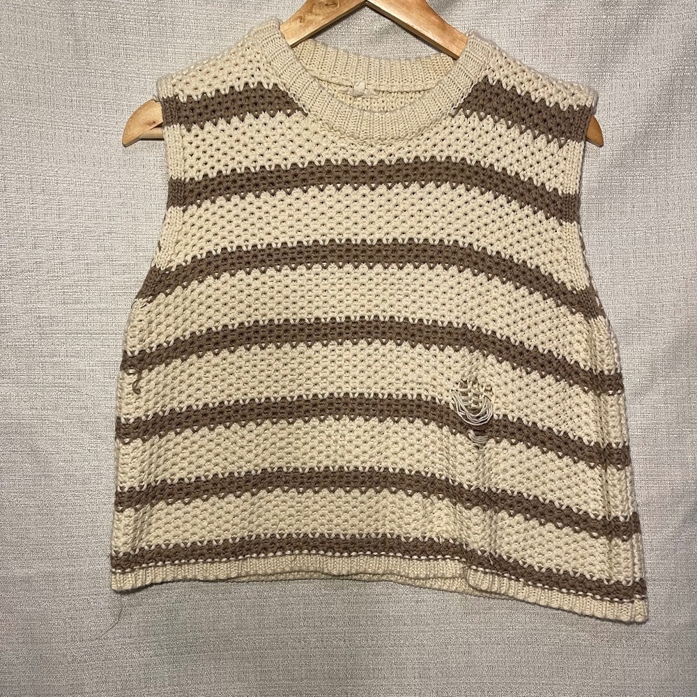 Striped Knit Sleeveless Top - Cream and Brown
